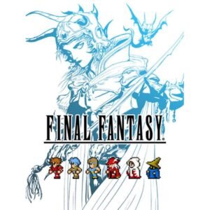 Final Fantasy I artwork featuring classic character sprites and illustrated hero figure
