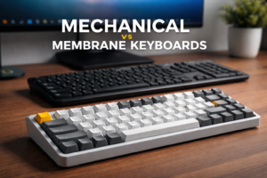 Mechanical and membrane keyboards on a desk, showing differences in key height and design