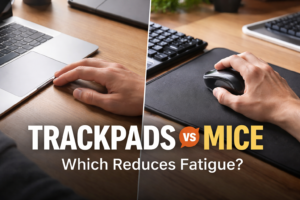 Trackpad and mouse on a modern desk setup illustrating different computer input methods