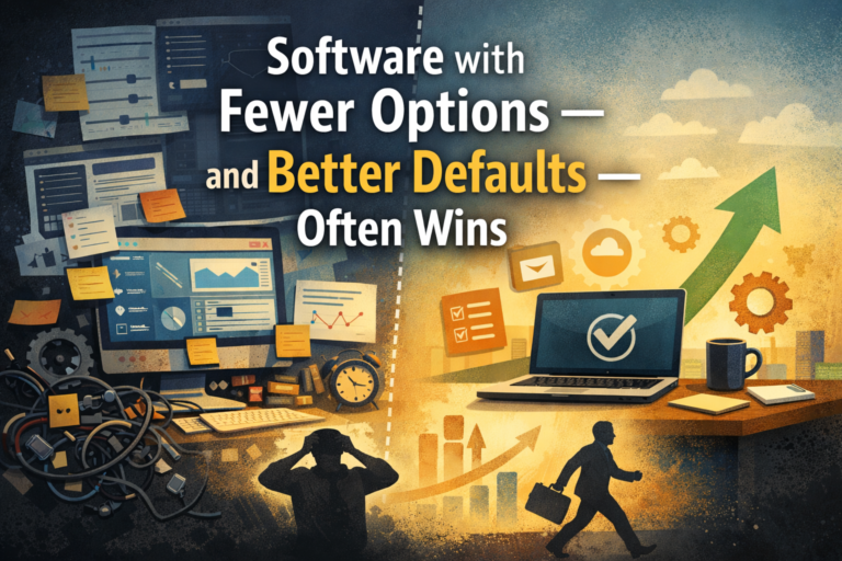 Illustration comparing complex software with cluttered interfaces to simpler software with clean defaults and improved workflow