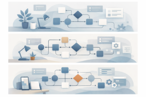 Abstract illustration of an automation workflow with connected steps and decision paths