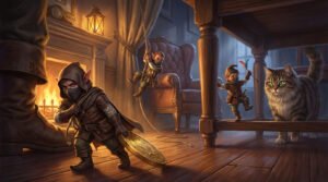 Small rogue gnomes working together during a heist inside a giant house, one dragging a massive gold coin while another distracts a cat.