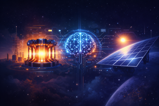 Illustration of a fusion reactor, AI neural network, and space-based solar panel connected by digital circuitry