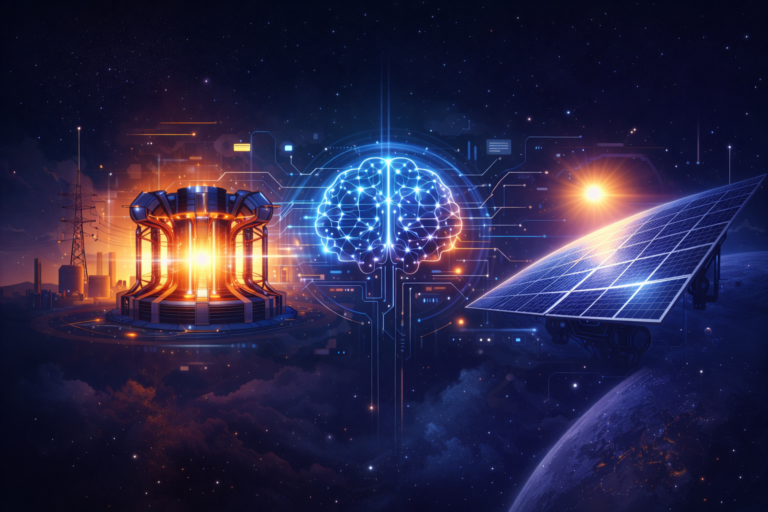 Illustration of a fusion reactor, AI neural network, and space-based solar panel connected by digital circuitry