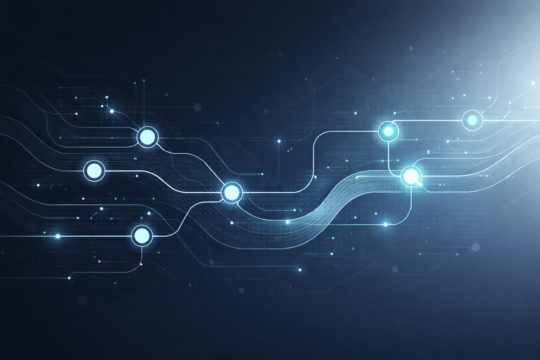 Abstract workflow automation visualization with connected nodes and flowing data lines in deep blue and slate gray tones with subtle cyan accents.