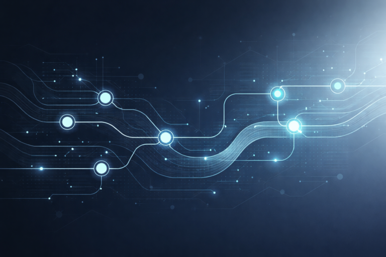 Abstract workflow automation visualization with connected nodes and flowing data lines in deep blue and slate gray tones with subtle cyan accents.