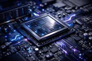 Close-up macro image of a silicon processor chip on a motherboard with glowing blue and purple circuitry representing unified memory architecture.