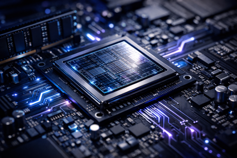 Close-up macro image of a silicon processor chip on a motherboard with glowing blue and purple circuitry representing unified memory architecture.